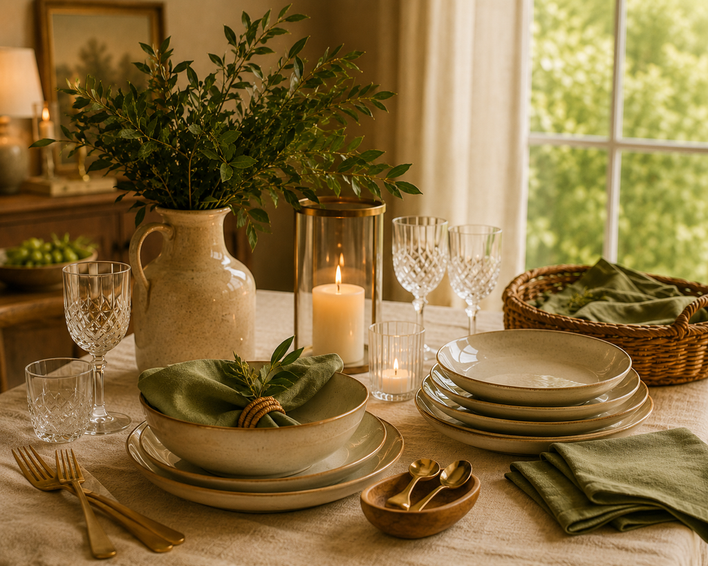 Louças, taças, guardanapos verdes e acessórios de mesa em composição elegante para receber em casa.