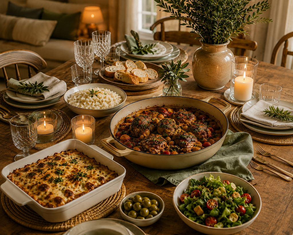 Mesa com prato principal, acompanhamentos, salada e travessas para um cardápio especial.