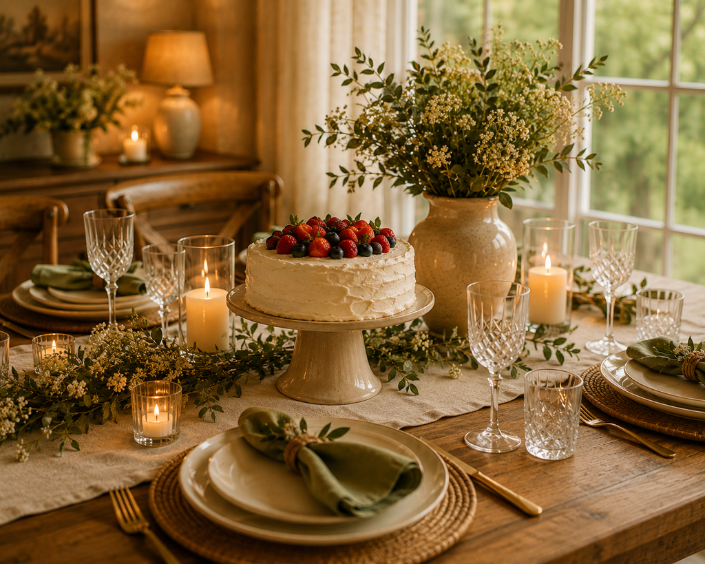 Mesa decorada para celebração especial com bolo, flores, taças e velas em ambiente acolhedor.