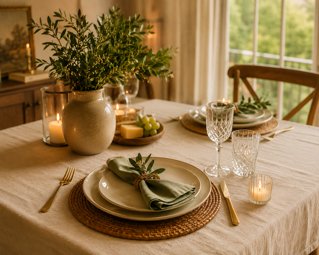 Mesa posta aconchegante com prato branco, guardanapo verde, vaso de cerâmica e velas acesas.