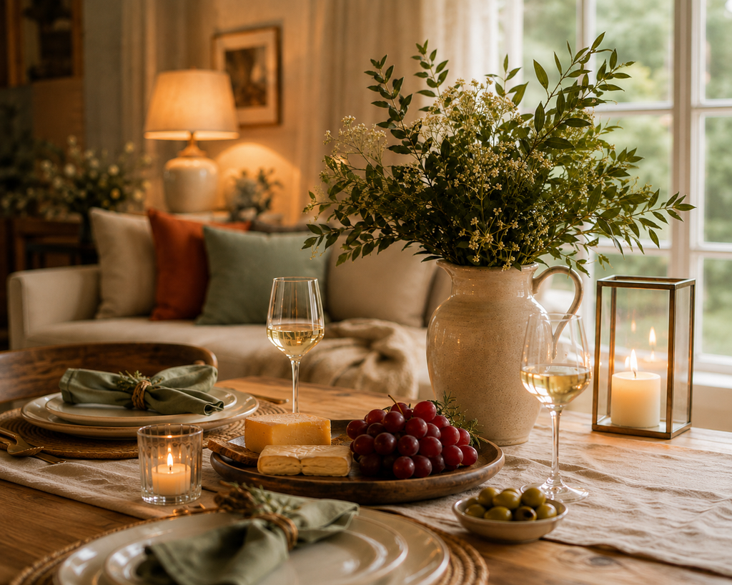 Mesa aconchegante com flores, velas, vinho e petiscos em ambiente acolhedor.