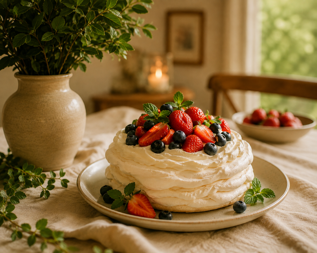 Sobremesa pavlova com morangos e frutas vermelhas em mesa decorada.