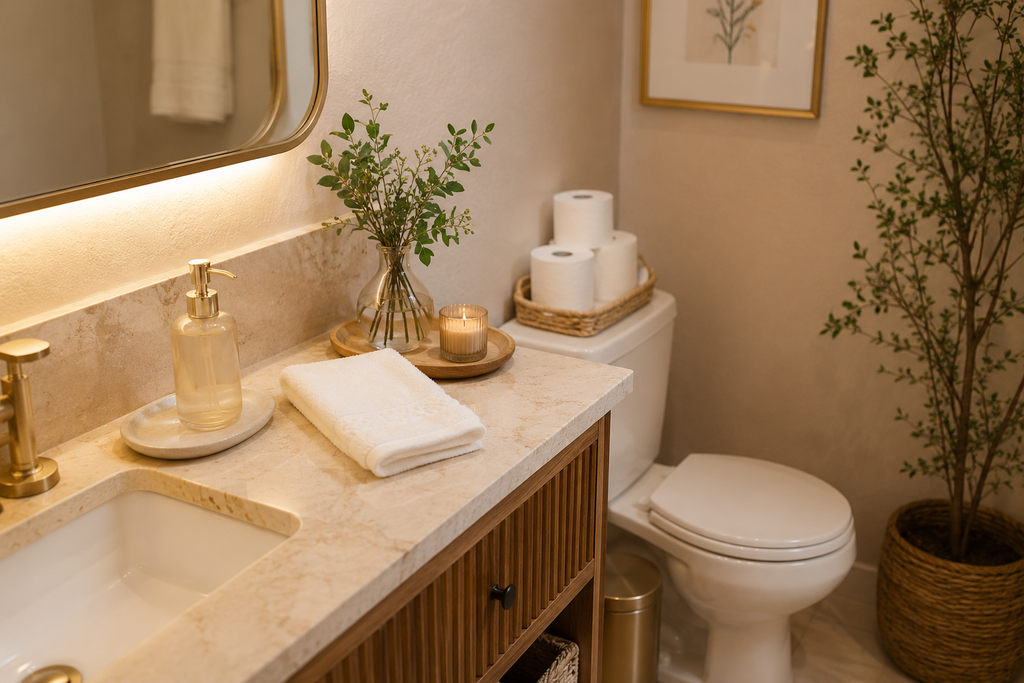 Banheiro acolhedor e organizado para receber convidados, com toalha limpa, sabonete, papel higiênico e decoração natural em tons neutros.