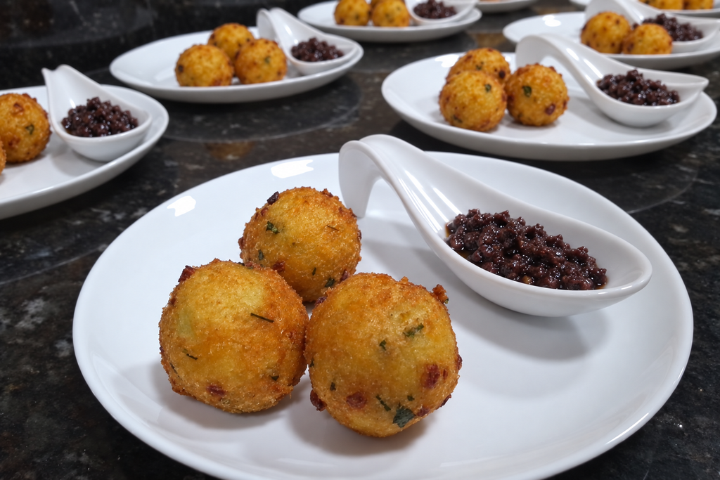 Três bolinhos de bacalhau servidos com azeite batido com azeitonas pretas