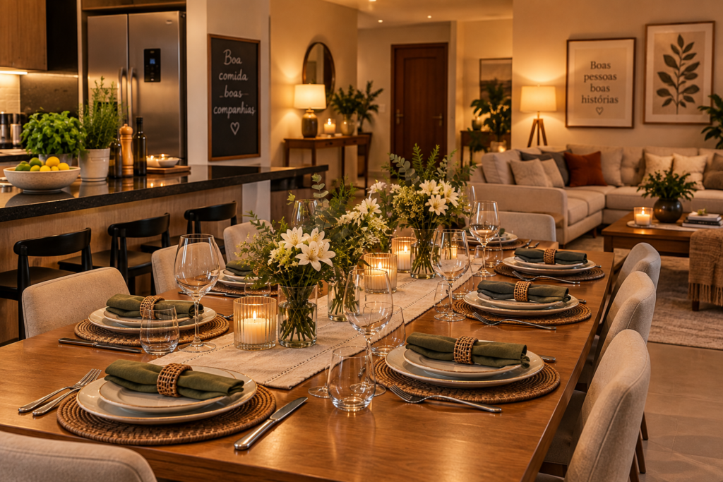 Sala e mesa prontas poucos minutos antes de receber convidados