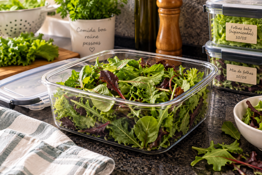 Folhas higienizadas e secas preparadas na véspera para salada