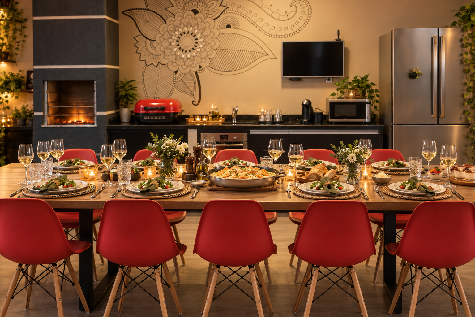 Mesa posta para jantar para 10 pessoas com entrada, prato principal e sobremesa