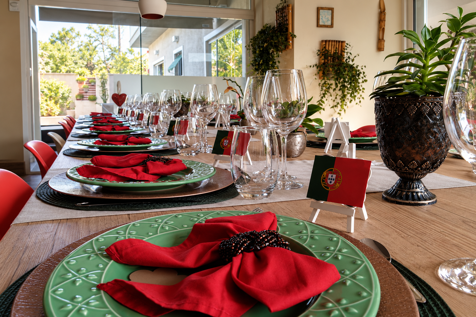 Mesa posta para jantar português em casa com detalhes em verde e vermelho