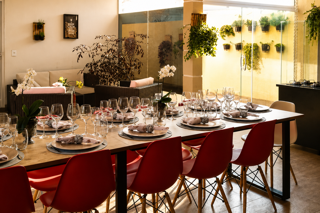 Mesa posta em área gourmet preparada para receber bem em casa