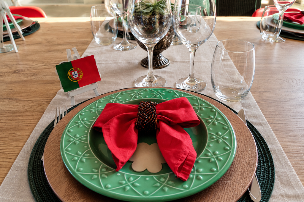 Lugar à mesa com prato verde e guardanapo vermelho para jantar português