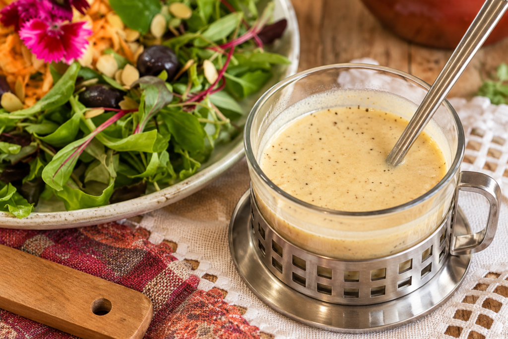 Molho tipo Caesar servido em pequena jarra para salada