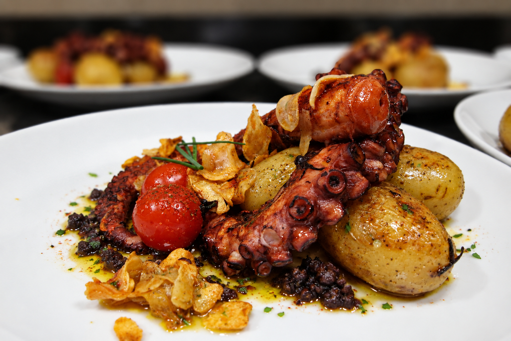 Polvo à lagareiro com batatas servido em prato individual
