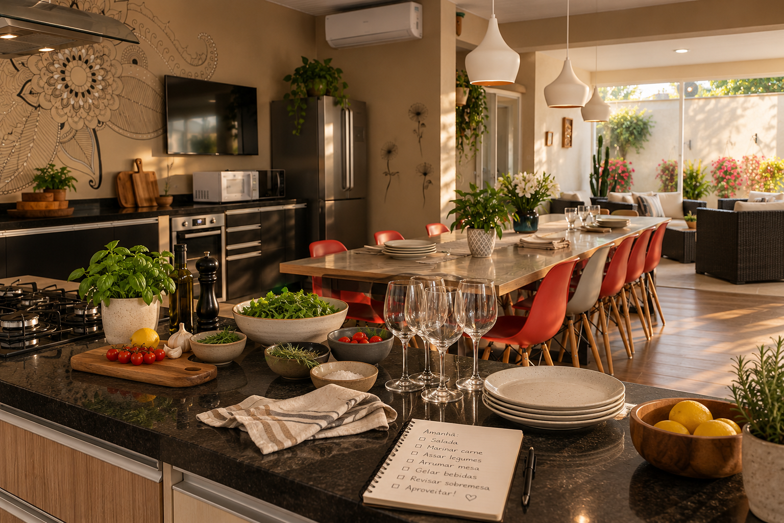 Preparar na véspera para receber convidados com cozinha e mesa organizadas