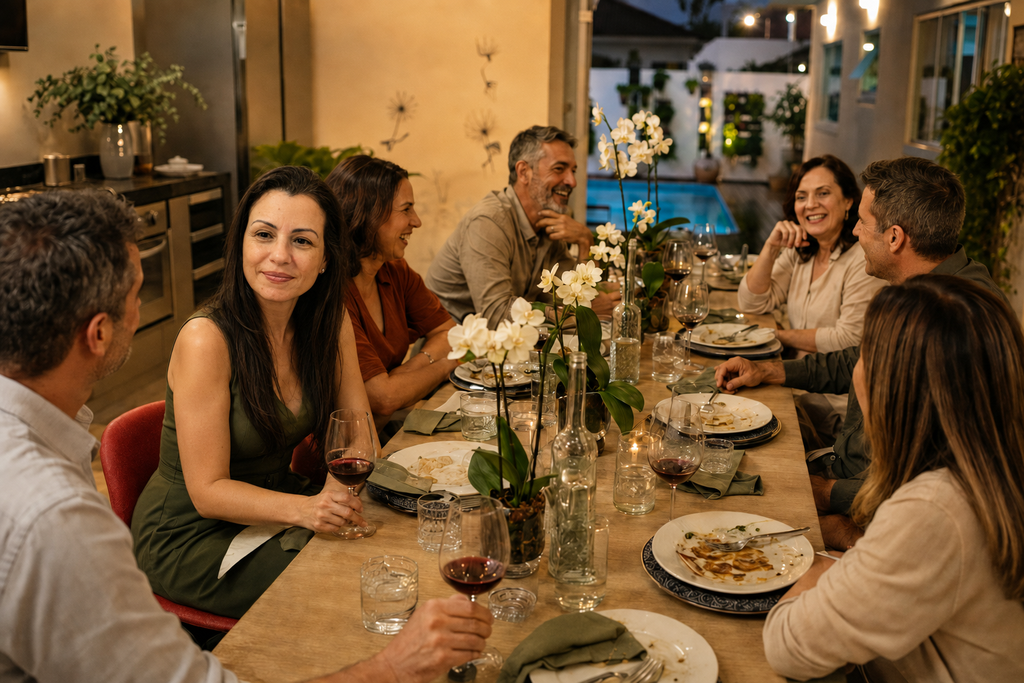 Convidados conversando à mesa após o jantar em um encontro descontraído em casa
